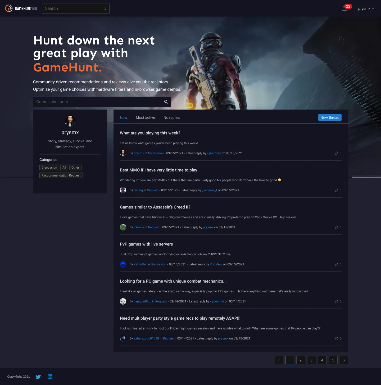 Design mockup of a GameHunt community forum: a search bar, a 'Games similar to…' box, and a list of discussion threads such as 'What are you playing this week?'