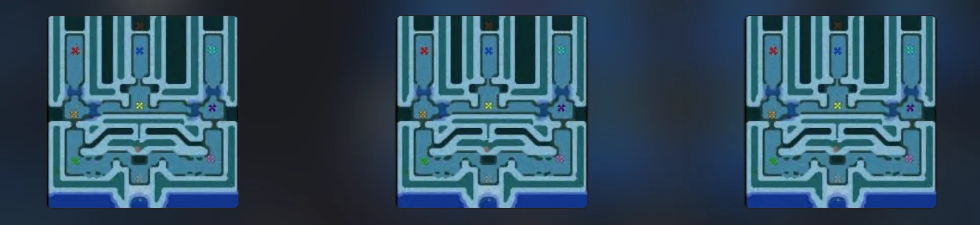 Three top-down views of the same icy Warcraft III tower defense map, with colored player start markers.